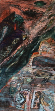 Deluge, Flood Through
Mountain, Mixed media
on Nepalese paper,
110 x 56cm Deluge, Flood Through
Mountain, Mixed media
on Nepalese paper,
110 x 56cm