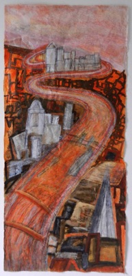 River Towards Canary Wharf, 
Mixed media on Nepalese paper
112 x 50cm